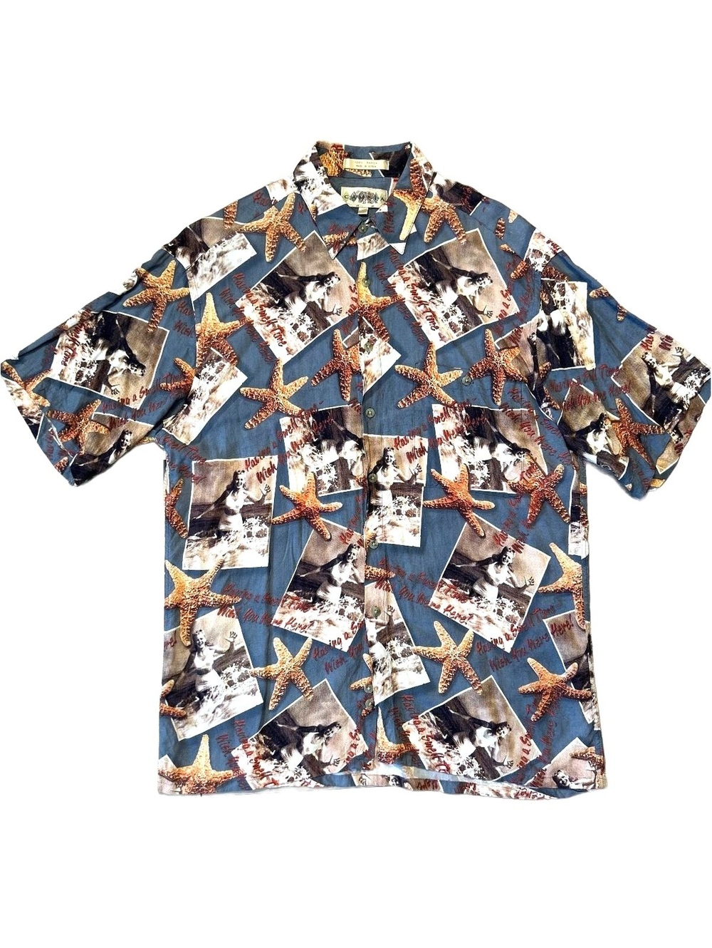 Campia Moda Starfish Postcard Print Hawaiian Camp Shirt 100% Rayon Men’s Medium